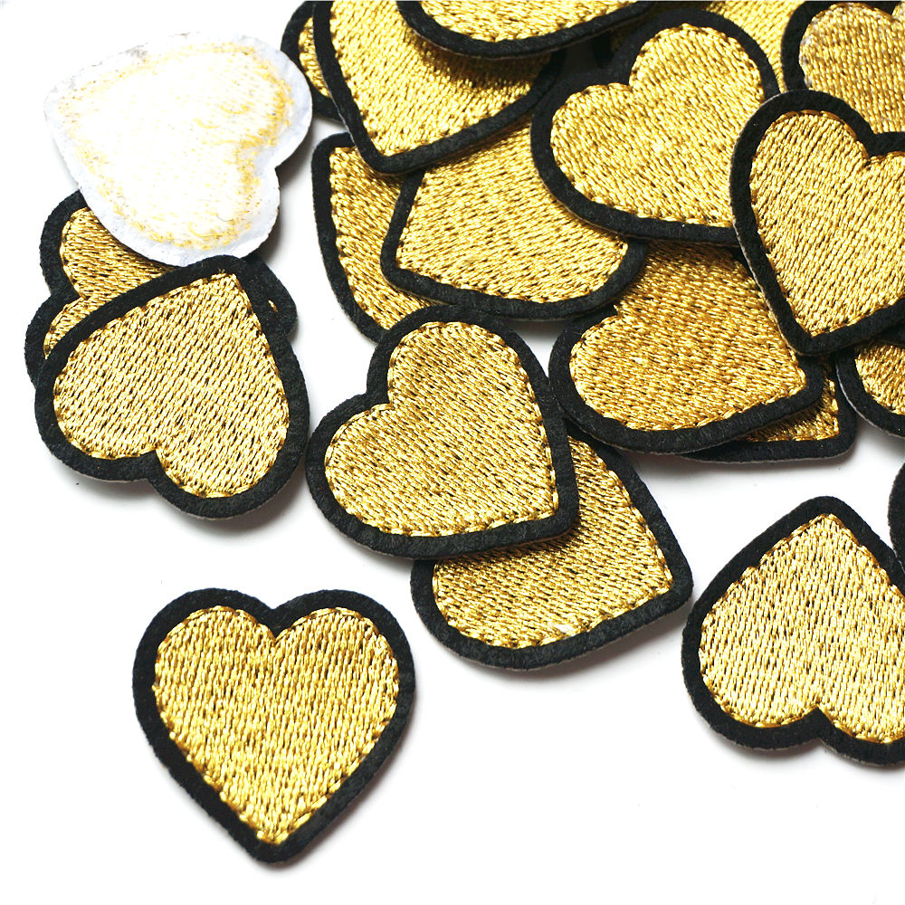 Interfacing Iron On - 10PCS Gold Hearts Black Edge Fabric